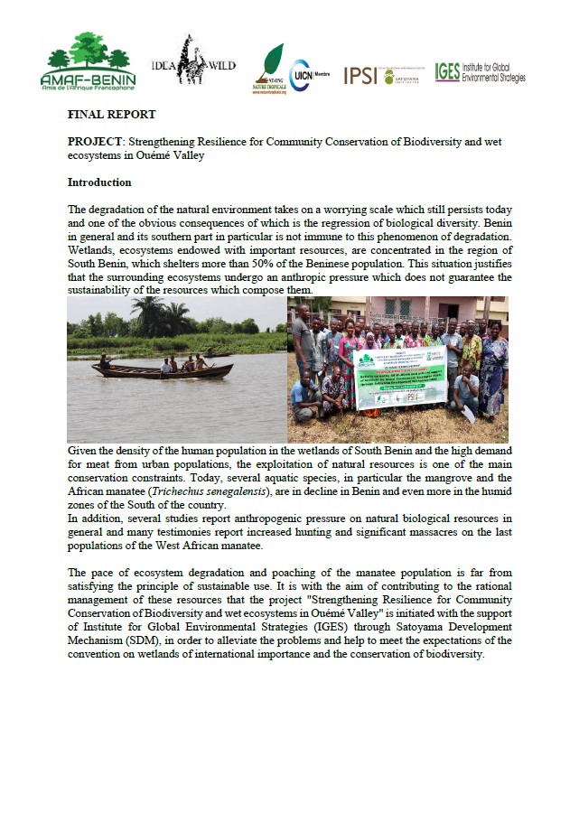 General Report AMAF Project: Strengthening Resilience for Community Conservation of Biodiversity and wet ecosystems in Ouémé Valley