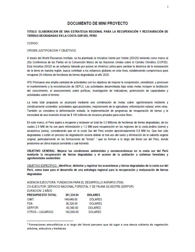 Report: ELABORACION DE UNA ESTRATEGIA REGIONAL PARA LA RECUPERACIÓN Y RESTAURACIÓN DE TIERRAS DEGRADADAS EN LA COSTA SUR DEL PERU